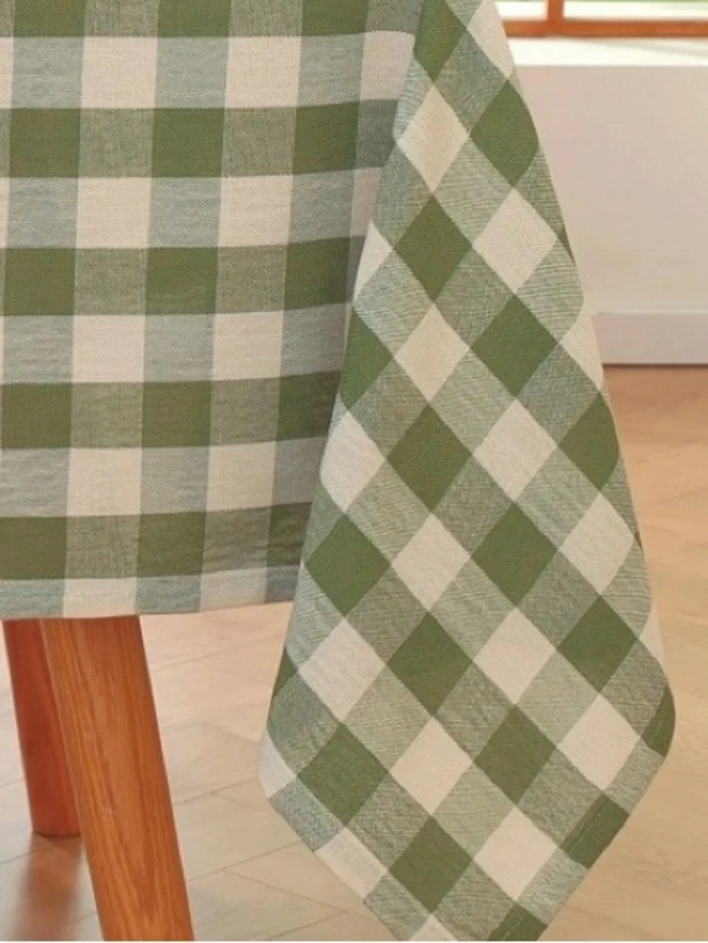 Farmhouse Checkered Tablecloth Cotton Linen Blend 60x75” GREEN WHITE